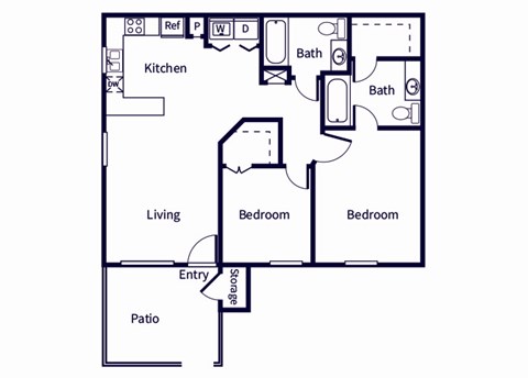 Floor plan for 2 beds, 2 baths, 916 sqft