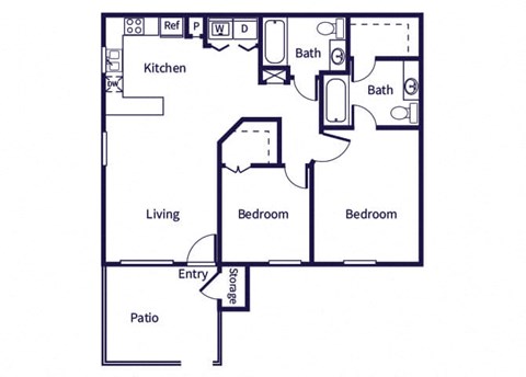 Floor plan for 2 beds, 2 baths, 916 sqft