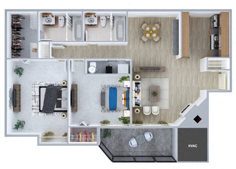 Floor plan for 2 beds, 2 baths, 925 sqft