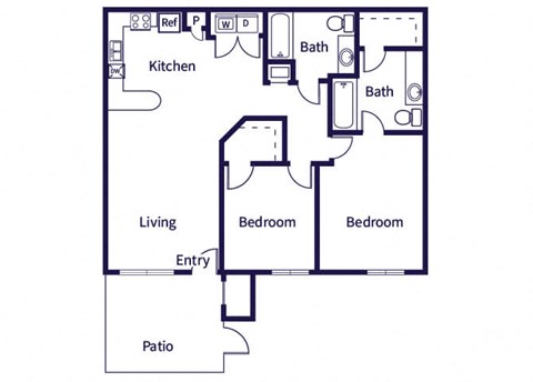 Floor plan for 2 beds, 2 baths, 935 sqft