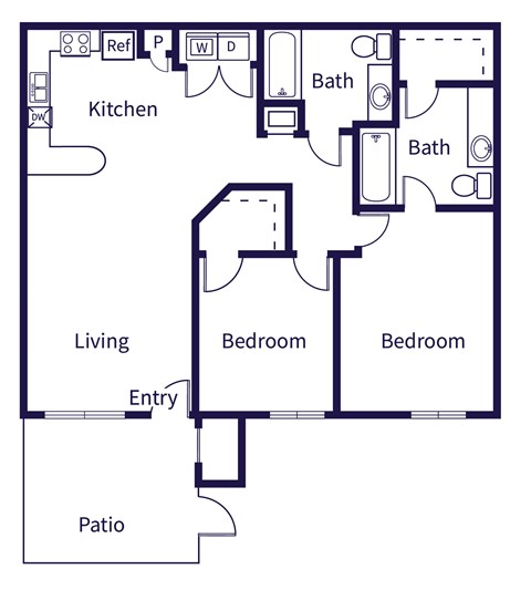 Floor plan for 2 beds, 2 baths, 935 sqft