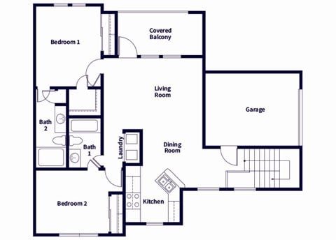 Floor plan for 2 beds, 2 baths, 938 sqft