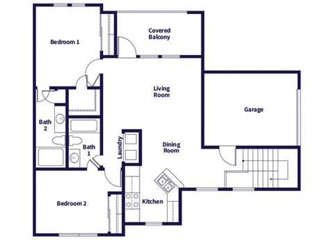 Floor plan for 2 beds, 2 baths, 938 sqft