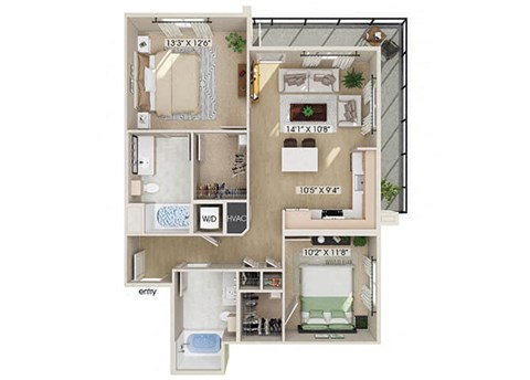 Floor plan for 2 beds, 2 baths, 1004 sqft