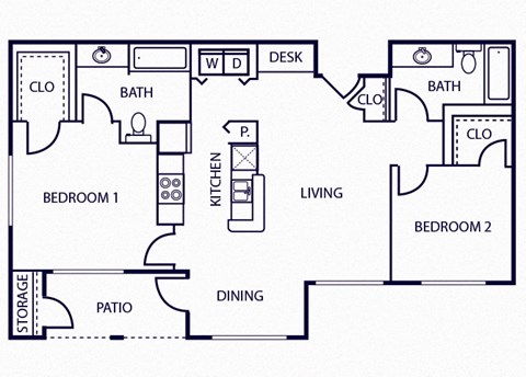 Floor plan for 2 beds, 2 baths, 987 sqft