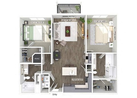 Floor plan for 2 beds, 2 baths, 1178 sqft