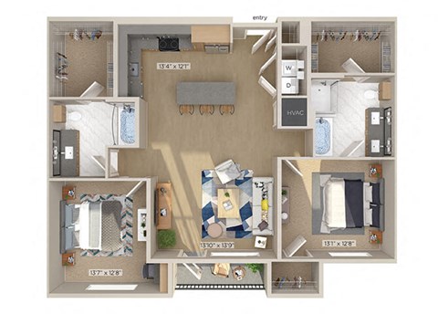 Floor plan for 2 beds, 2 baths, 1238 sqft