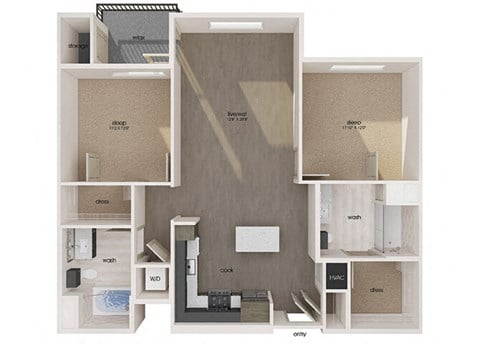 Floor plan for 2 beds, 2 baths, 1076 sqft