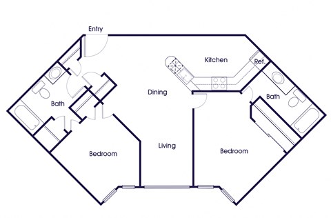 Floor plan for 2 beds, 2 baths, 960 sqft