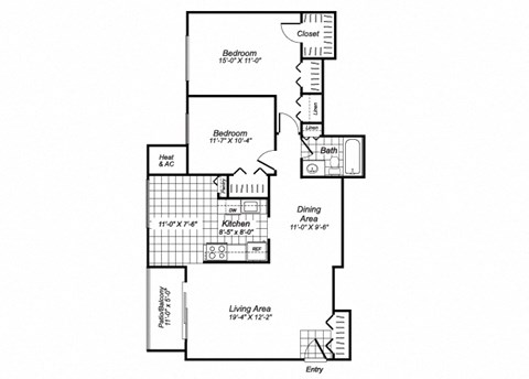 Floor plan for 2 beds, 1 bath, 854 sqft