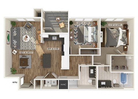 Floor plan for 2 beds, 2 baths, 1045 sqft