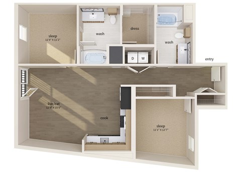 Floor plan for 2 beds, 2 baths