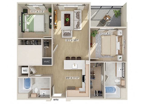 Floor plan for 2 beds, 2 baths, 1010 sqft