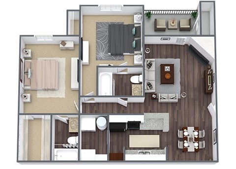 Floor plan for 2 beds, 2 baths, 1022 sqft