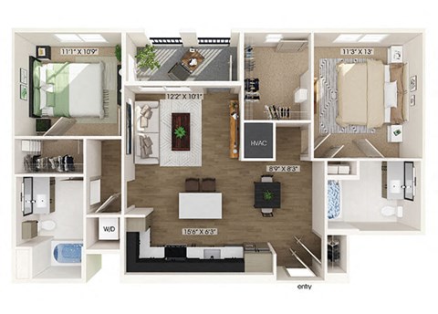 Floor plan for 2 beds, 2 baths, 1024 sqft