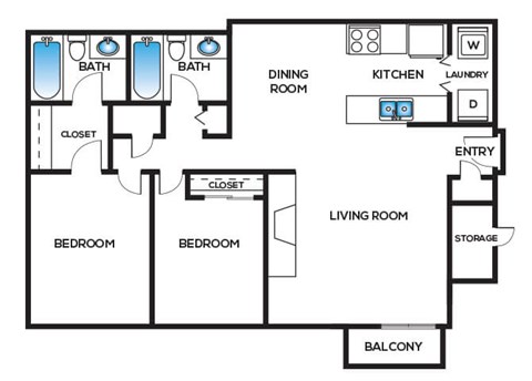 Floor plan for 2 beds, 2 baths, 1054 sqft