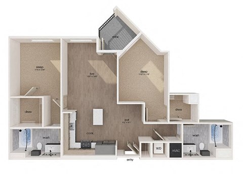 Floor plan for 2 beds, 2 baths, 1072 sqft