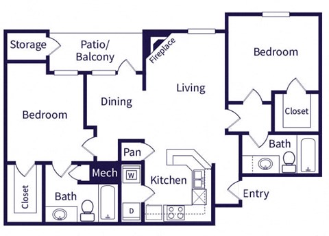 Floor plan for 2 beds, 2 baths, 1110 sqft