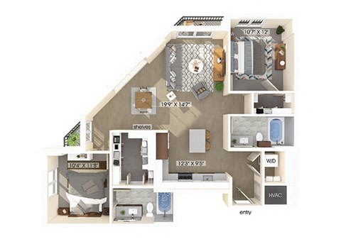 Floor plan for 2 beds, 2 baths, 1112 sqft