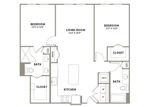 Floor plan for 2 beds, 2 baths, 1115 sqft