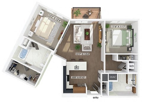 Floor plan for 2 beds, 2 baths, 1120 sqft