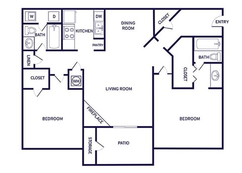 Floor plan for 2 beds, 2 baths, 1133 sqft