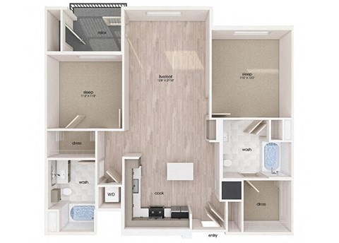 Floor plan for 2 beds, 2 baths, 1133 sqft