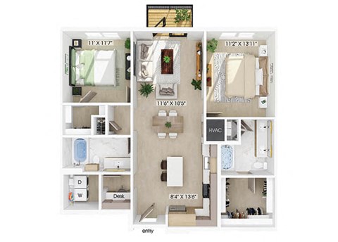 Floor plan for 2 beds, 2 baths, 1194 sqft