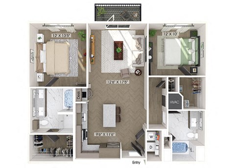 Floor plan for 2 beds, 2 baths, 1157 sqft