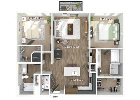 Floor plan for 2 beds, 2 baths, 1203 sqft