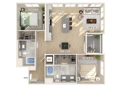 Floor plan for 2 beds, 2 baths, 1160 sqft