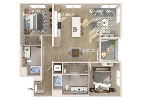Floor plan for 2 beds, 2 baths, 1160 sqft