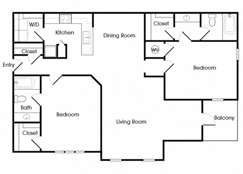 Floor plan for 2 beds, 2 baths, 1165 sqft