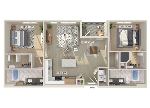 Floor plan for 2 beds, 2 baths, 1168 sqft