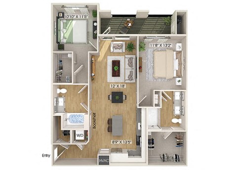 Floor plan for 2 beds, 2 baths, 1173 sqft