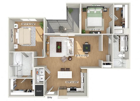 Floor plan for 2 beds, 2 baths, 1232 sqft