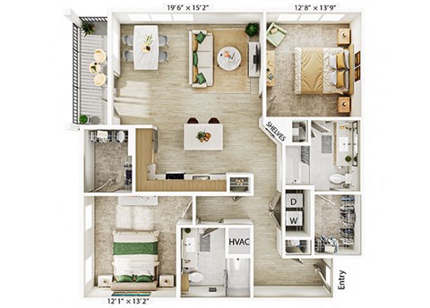 Floor plan for 2 beds, 2 baths, 1237 sqft