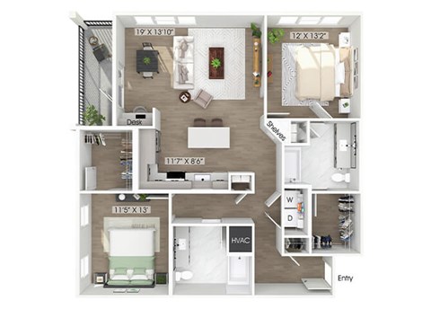 Floor plan for 2 beds, 2 baths, 1263 sqft