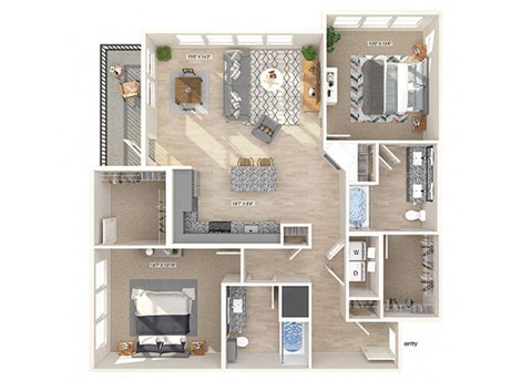 Floor plan for 2 beds, 2 baths, 1303 sqft