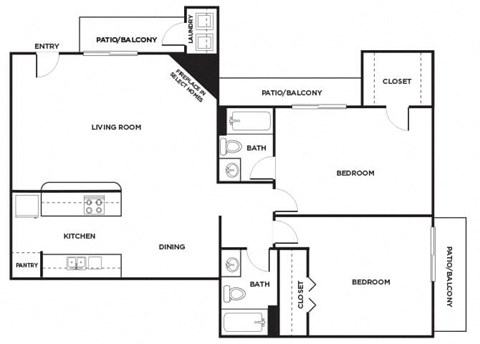 Floor plan for 2 beds, 2 baths, 916 sqft