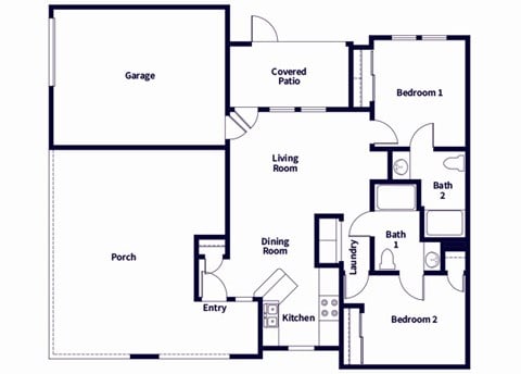 Floor plan for 2 beds, 2 baths, 938 sqft