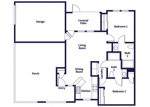 Floor plan for 2 beds, 2 baths, 938 sqft