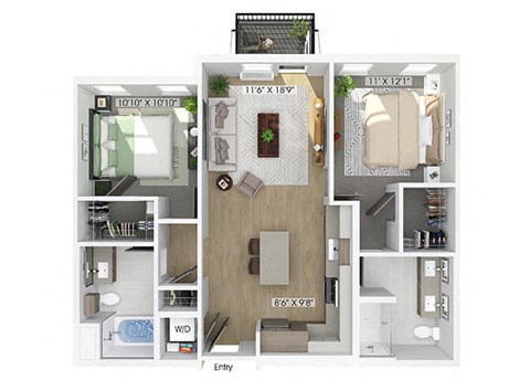 Floor plan for 2 beds, 2 baths, 1048 sqft