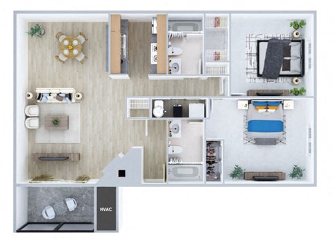 Floor plan for 2 beds, 2 baths, 970 sqft