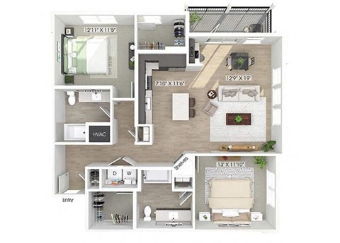 Floor plan for 2 beds, 2 baths, 1252 sqft
