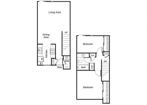 Floor plan for 2 beds, 1.5 baths, 949 sqft