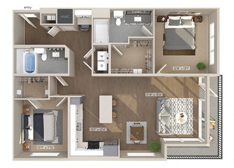 Floor plan for 2 beds, 2 baths, 1240 sqft