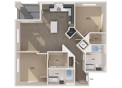 Floor plan for 2 beds, 2 baths, 1083 sqft