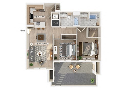 Floor plan for 2 beds, 2 baths, 1128 sqft