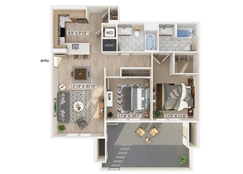 Floor plan for 2 beds, 2 baths, 1133 sqft